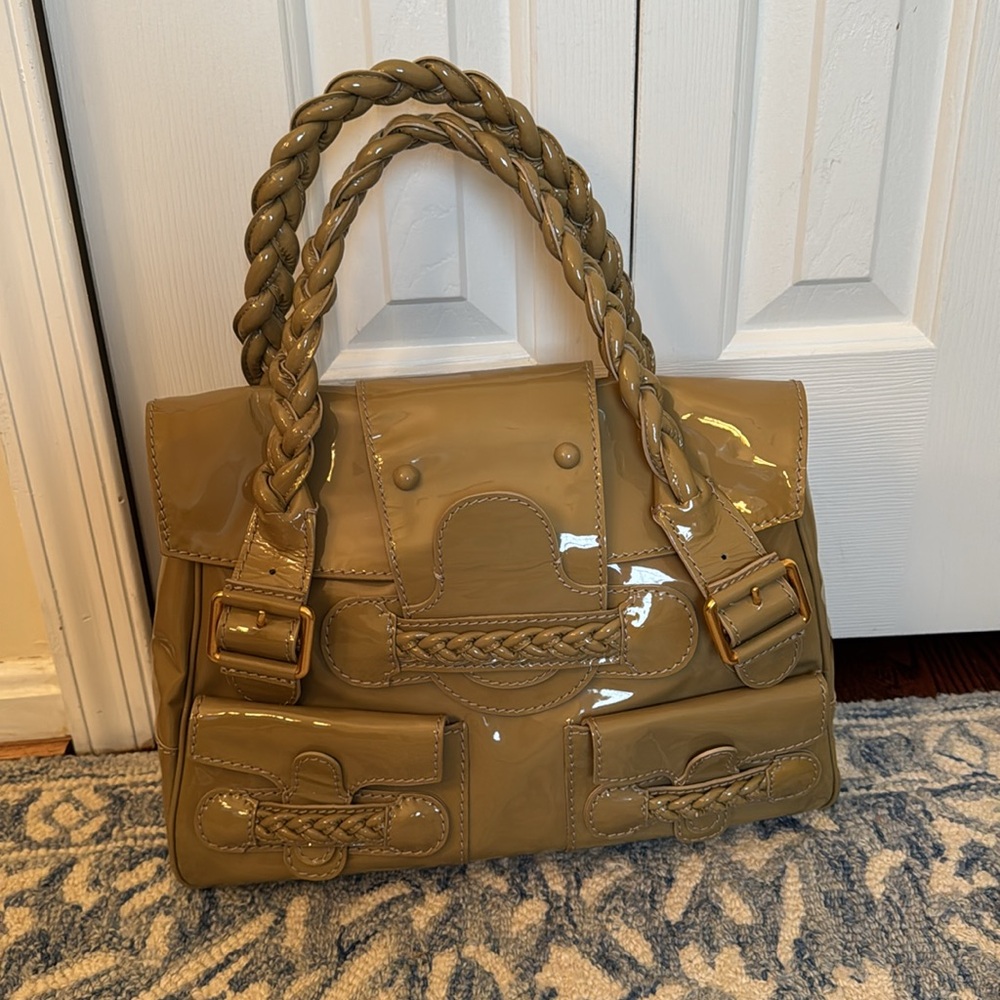 Valentino Garavani Camel Brown Braided-Handle Patent Satchel - Picture 2 of 13